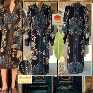Farm Rio Blossom Tapestry Black Wrap Boho Midi Dress Eco-conscious Material Sz M
